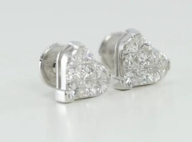 Alt view image 2 of 4 - 18k White Gold Invisible Setting Princess Cut Diamond Heart Earrings (1.5 Ct, G Color, VS Clarity)