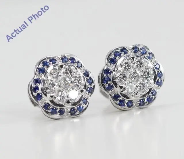 Alt view image 2 of 3 - 18k White Gold Invisible Setting Round Cut Diamond Flower Earrings (0.77 Ct, G Color with Surrounding Blue Sapphire Stones, VS Clarity)