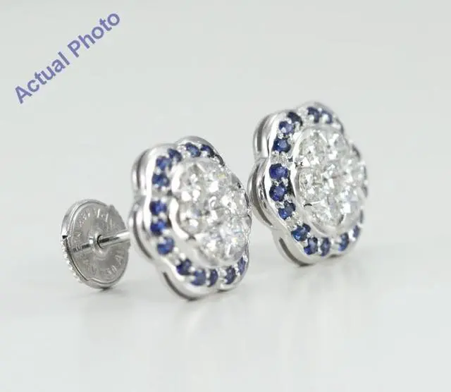 Alt view image 3 of 3 - 18k White Gold Invisible Setting Round Cut Diamond Flower Earrings (0.77 Ct, G Color with Surrounding Blue Sapphire Stones, VS Clarity)