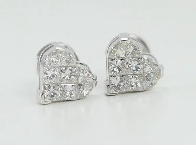 Main image of 18k White Gold Invisible Setting Princess Cut Diamond Heart Earrings (1.5 Ct, G Color, VS Clarity)