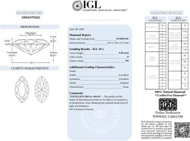 Alt view image 4 of 5 - Marquise Cut Loose Diamond (0.28 Ct, D Color, SI2 (K.M. Treated) Clarity) IGL Certified