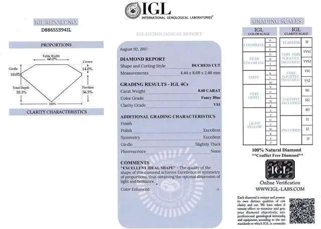 Alt view image 4 of 5 - Marquise Duchess Cut Loose Diamond (0.6 Ct, Fancy Blue(Irradiated) Color, VS1 Clarity) IGL Certified