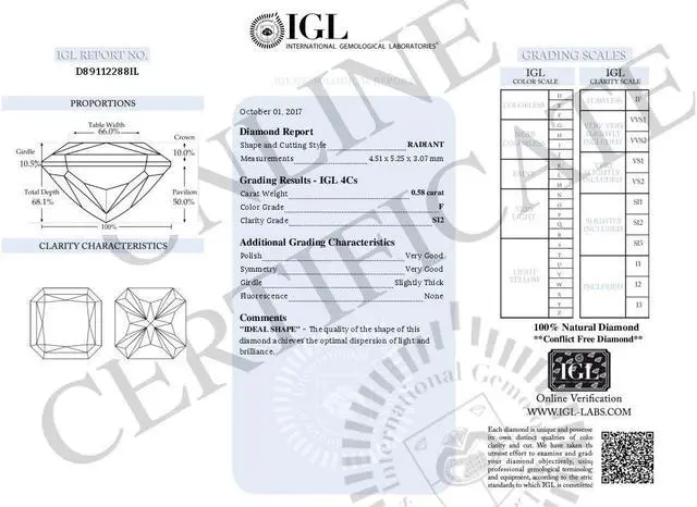 Alt view image 3 of 3 - Radiant Diamond Solitaire Engagement Ring, 14k White Gold (0.58 Ct, F Color, SI2 Clarity) IGL Certified