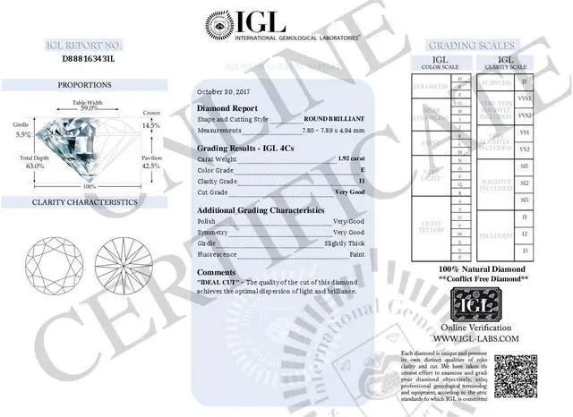 Alt view image 3 of 4 - Round Cut Loose Diamond (1.92 Ct, E Color, I1 Clarity) IGL Certified