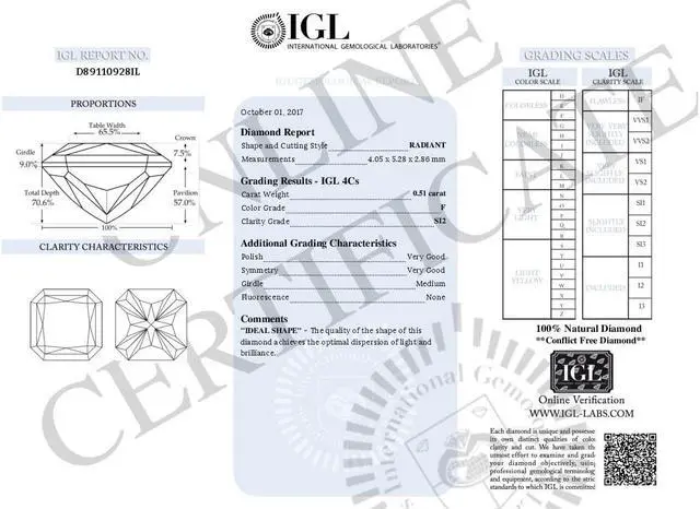Alt view image 2 of 2 - Radiant Diamond Solitaire Pendant Necklace 14K White Gold (0.51 Ct, F Color, SI2 Clarity) IGL Certified