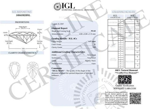 Alt view image 2 of 3 - Pear Diamond Solitaire Pendant Necklace 14k White Gold (0.57 Ct, G Color, VS2 Clarity) IGL Certified