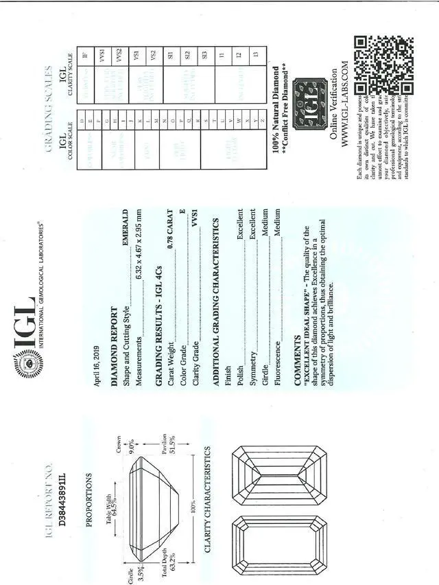Alt view image 3 of 4 - Emerald Cut Loose Diamond 0.78 Ct,E Color,VVS1 Clarity IGL Certified