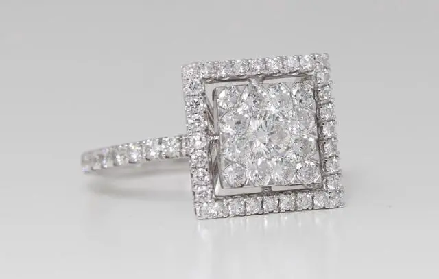 Alt view image 2 of 4 - 18k White Gold Round Diamond Multi-Stone Pave Cluster Set Framed Square Ring (1.36 Ct G SI2 Clarity)