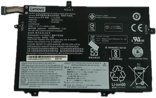 Main image of L17C3P52 L17M3P54 L17M3P53 L17L3P52 Battery Replacement for Lenovo ThinkPad L480 L490 L580 L590 L14 L15 L14 Gen 2 L15 Gen 2 Series SB10K97610 SB10K97611 SB10K97613 01AV464 01AV466 11.1V 45Wh