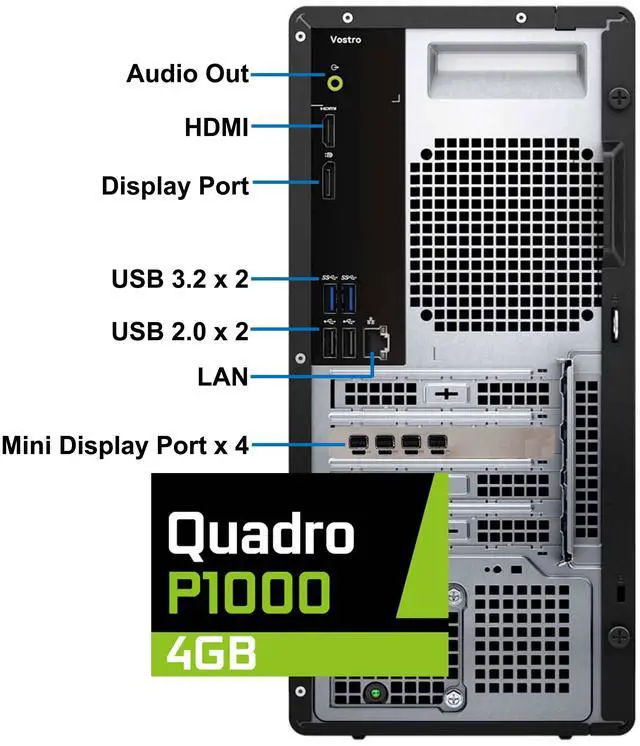 Alt view image 3 of 6 - Dell Vostro 3030 Tower Computer - Intel Core i5-12400, 64GB RAM, 1TB NVMe SSD, NVIDIA Quadro P1000, USB C, DisplayPort, HDMI, Built in Wi-Fi, Bluetooth, Windows 11 Pro - AI Copilot