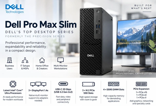 Alt view image 5 of 6 - Dell Pro Max Slim Desktop, Intel Core Ultra 9-285K, 64GB DDR5 RAM, 1TB NVMe SSD, Intel Graphics, Wi-Fi 6, Windows 11 Pro, FCS1250 Next-Gen Precision Business Workstation PC