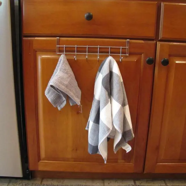 Alt view image 6 of 7 - Metal Over Cabinet Door Hook Rack  6 Hook Organizer for Towels, Coats, Hats, and Bags  Hanging Storage for Kitchen, Bathroom, Bedroom  Modern Door Mount Hanger for Cabinets and Drawers  Silver