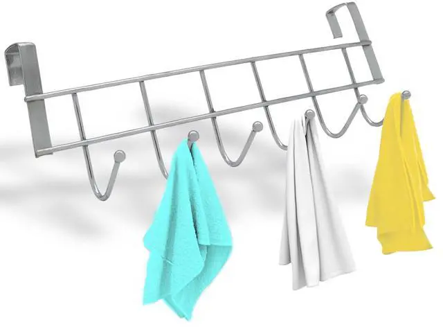 Alt view image 3 of 7 - Metal Over Cabinet Door Hook Rack  6 Hook Organizer for Towels, Coats, Hats, and Bags  Hanging Storage for Kitchen, Bathroom, Bedroom  Modern Door Mount Hanger for Cabinets and Drawers  Silver