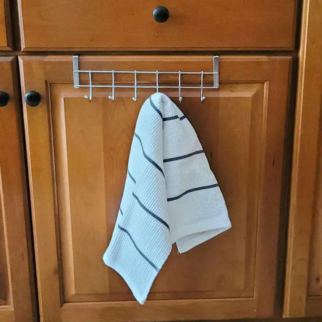 Alt view image 7 of 7 - Metal Over Cabinet Door Hook Rack  6 Hook Organizer for Towels, Coats, Hats, and Bags  Hanging Storage for Kitchen, Bathroom, Bedroom  Modern Door Mount Hanger for Cabinets and Drawers  Silver
