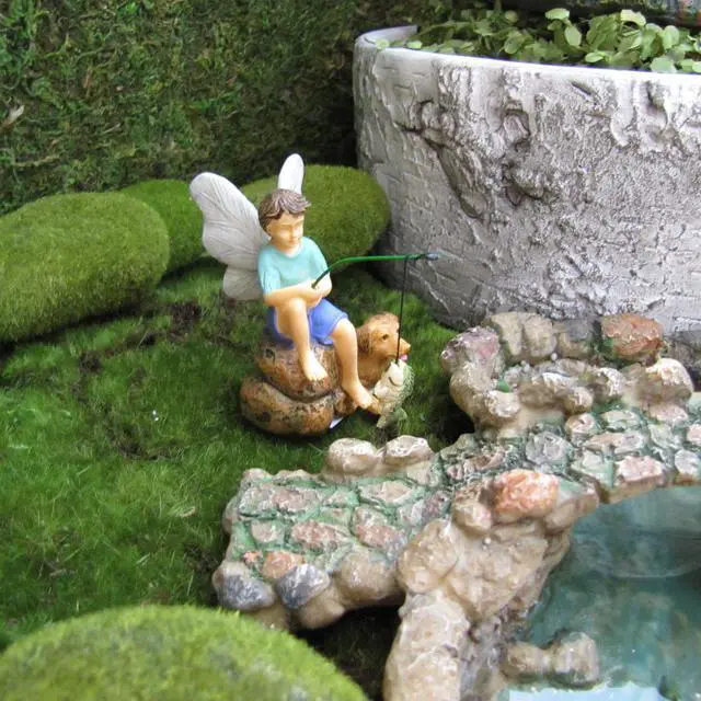 Alt view image 2 of 2 - Treasure Gurus Miniature Fairy Boy Fishing With Dog Garden Ornament Dollhouse Decor Accessory