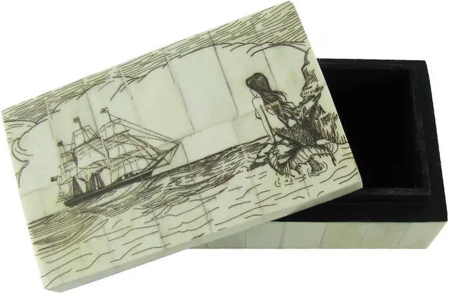 Alt view image 3 of 3 - Fake Reproduction Scrimshaw Art Bone Mermaid Nautical Jewelry Box Treasure Chest