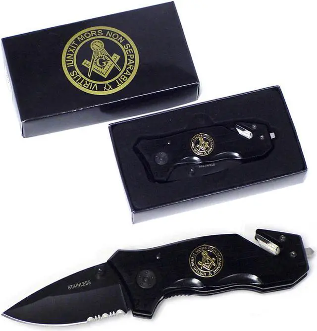Main image of Treasure Gurus Freemason Folding Black Pocket Knife w/ Seat Belt/Rope Cutter