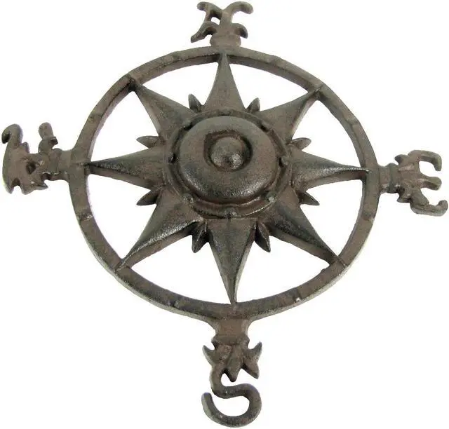 Main image of Treasure Gurus Rustic Cast Iron Rose Compass Nautical Beach House Wall Art Outdoor Garden Decor