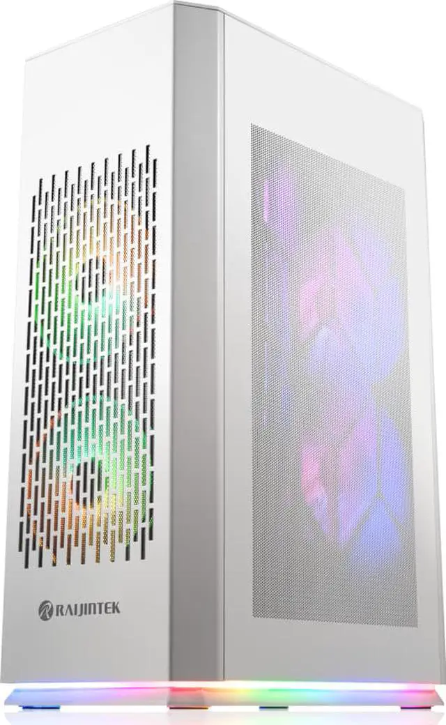Main image of RAIJINTEK OPHION ELITE WHITE, a Mini-ITX ARGB case smallest built with max. possibility of high-end, gaming, components, supports 320mm VGA, 5*2.5 HDD/ SSD, Max. 7 fans, ATX PSU, and cable management