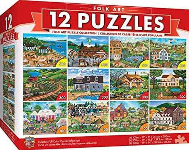 Alt view image 7 of 9 - masterpieces folk art collection bundle, jigsaw puzzle, old world scenes & culture, 12pack, 100, 300, 500 pieces, assorted