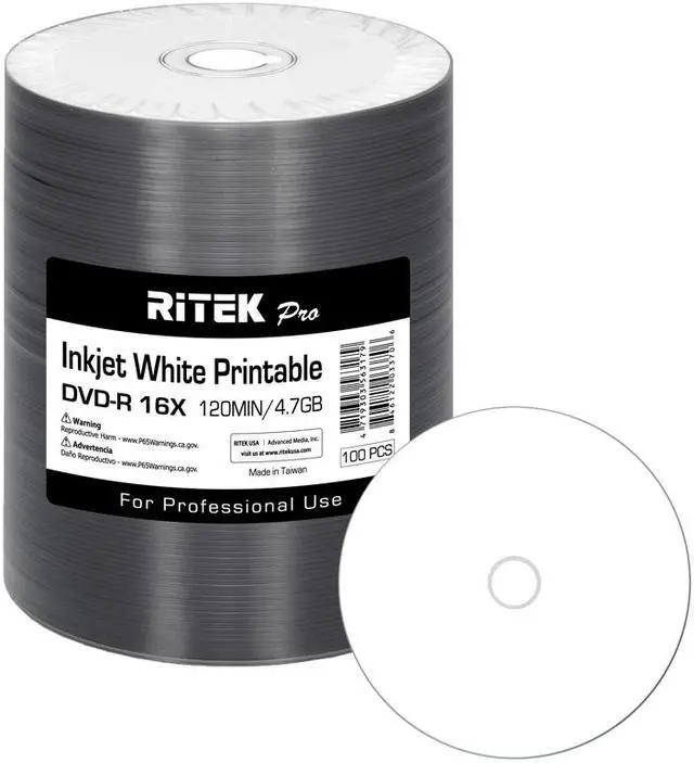Main image of 100 Pack Ritek Pro (Professional Grade) DVD-R 16X 4.7GB AZO Dye (MID MXL RG04) White Inkjet Hub Printable Blank Media Recordable Disc