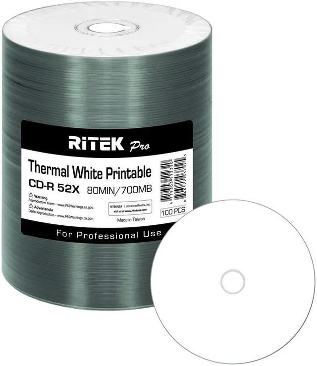Main image of 100 Pack Ritek Pro (Professional Grade) CD-R 52X 700MB White Thermal Hub Printable Blank Media Recordable Disc