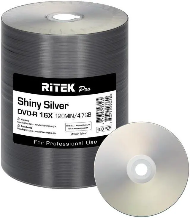 Main image of 100 Pack Ritek Pro (Professional Grade) DVD-R 16X 4.7GB AZO Dye (MID MXL RG04) Shiny Silver Lacquer Silk Screen Printable Blank Media Recordable Disc