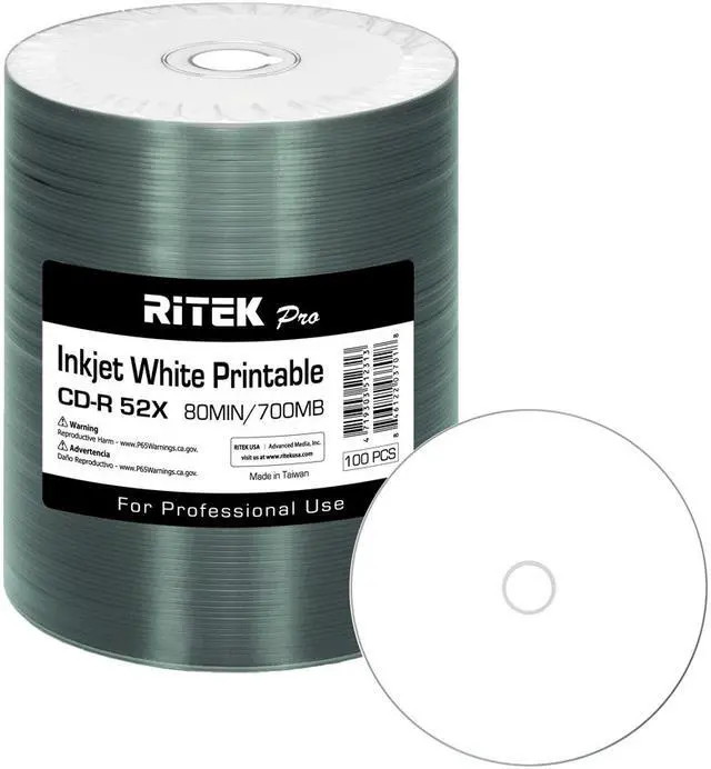 Main image of 100 Pack Ritek Pro (Professional Grade) CD-R 52X 700MB White Inkjet Hub Printable Blank Media Recordable Disc
