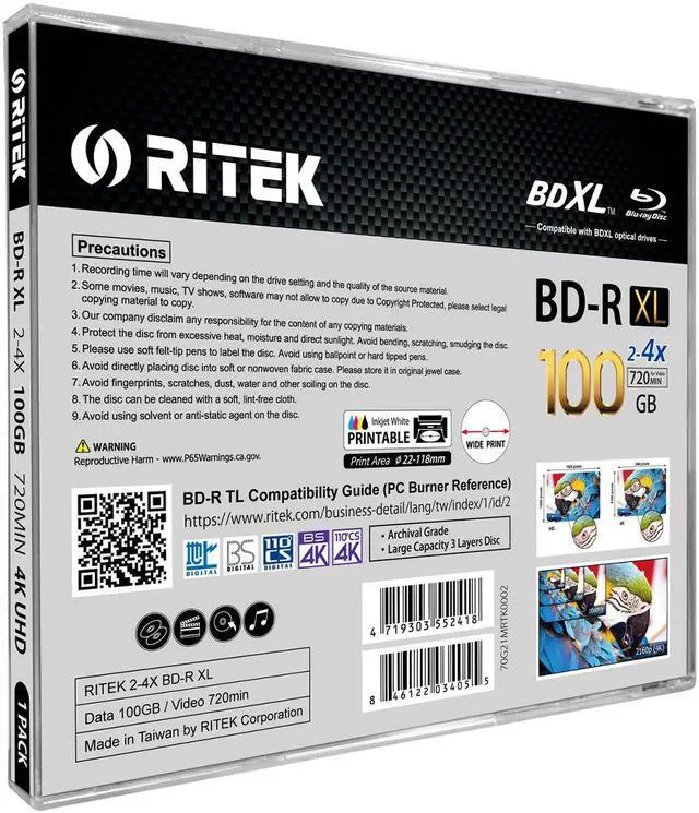 Alt view image 2 of 4 - 1 Pack Ritek BD-R XL BDXL 100GB Archival Grade Triple Layers 4X White Inkjet Hub Printable Blank Disc w/Standard Jewel Case