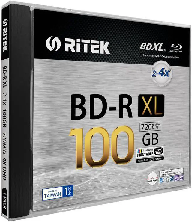 Main image of 1 Pack Ritek BD-R XL BDXL 100GB Archival Grade Triple Layers 4X White Inkjet Hub Printable Blank Disc w/Standard Jewel Case