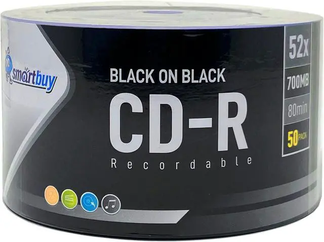 Main image of 50 Pack Smartbuy Black on Black CD-R 52X 700MB 80 mins Double Side Black Vinyl Blank Recordable Disc