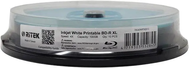 Main image of 10 Pack Ritek BD-R XL BDXL 100GB Archival Grade Triple Layers 4X White Inkjet Hub Printable Blank Recordable Disc in Spindle