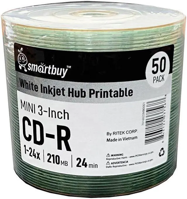 Main image of 50 Pack Smartbuy Mini CD-R 3-inch 24X 210MB 24Min White Inkjet Hub Printable Blank Media Recordable Disc