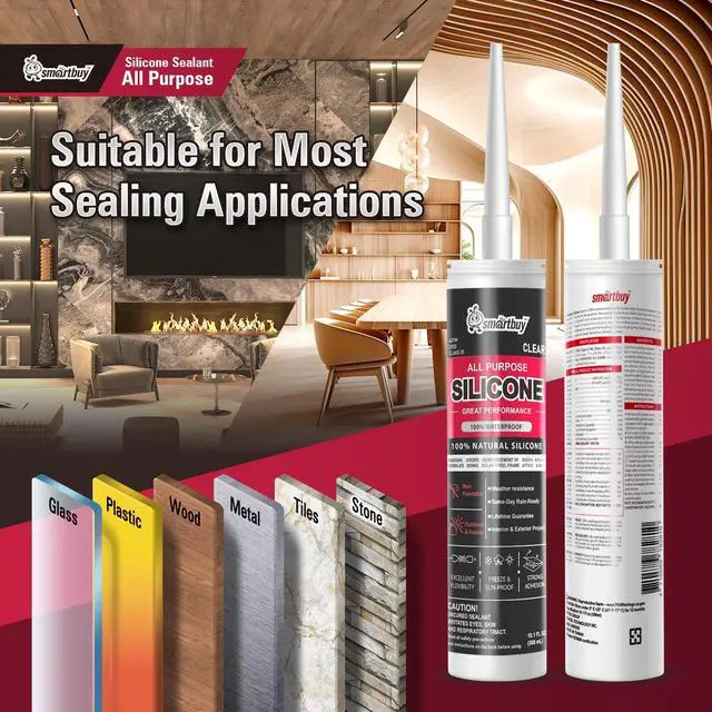 Alt view image 3 of 7 - Smartbuy All Purpose Clear 100% Neutral Silicone Sealant and Adhesive for Glass Window Door Kitchen Bath Solar Frame Indoor & Outdoor Projects Odorless Waterproof Caulk 10.1oz Cartridge