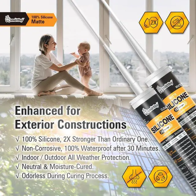Alt view image 5 of 7 - Smartbuy Advanced 2X Stronger Matte 100% Silicone Sealant and Adhesive for Glass Window Door Kitchen Bath Brick Tuckpointing Interior & Exterior Odorless Waterproof Caulk 10.1oz Cartridge (Clear)