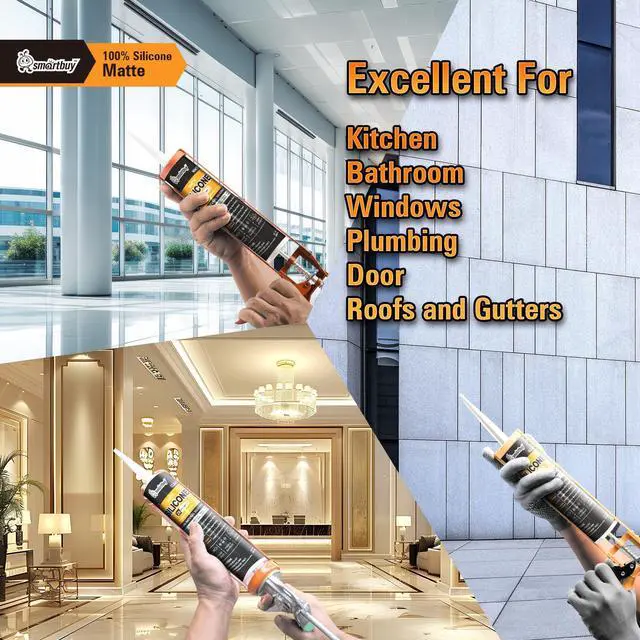 Alt view image 6 of 7 - Smartbuy Advanced 2X Stronger Matte 100% Silicone Sealant and Adhesive for Glass Window Door Kitchen Bath Brick Tuckpointing Interior & Exterior Odorless Waterproof Caulk 10.1oz Cartridge (Clear)