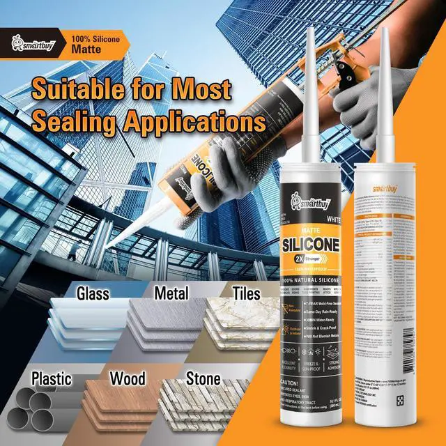 Alt view image 3 of 7 - Smartbuy Advanced 2X Stronger Matte 100% Silicone Sealant and Adhesive for Glass Window Door Kitchen Bath Brick Tuckpointing Interior & Exterior Odorless Waterproof Caulk 10.1oz Cartridge (White)