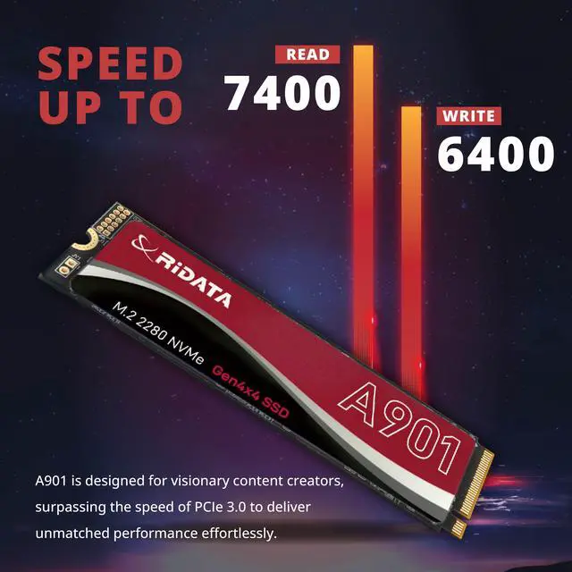 Alt view image 3 of 7 - RiDATA A901 1TB SLC Cache NVMe 1.4 PCIe Gen 4x4 M.2 2280 SSD Internal Solid State Drive 3D NAND R/W Speed Upto 7400/6400 MB/s HMB 3D Cooling Technology Compatible with PS5 Storage for Gaming Upgrade