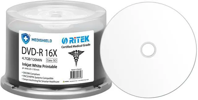 Main image of 50 Pack Ritek Medishield Medical Grade DVD-R 16X 4.7GB/120Min DICOM Compliant / PACS/Hippa Systems Compatible / Smart Archiving for Smarter Healthcare White Inkjet Hub Printable Blank Recordable Disc