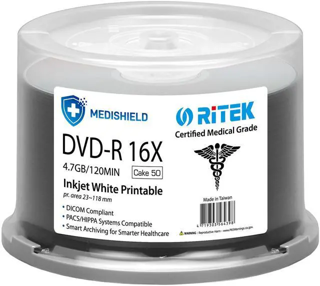 Alt view image 2 of 2 - 50 Pack Ritek Medishield Medical Grade DVD-R 16X 4.7GB/120Min DICOM Compliant / PACS/Hippa Systems Compatible / Smart Archiving for Smarter Healthcare White Inkjet Hub Printable Blank Recordable Disc
