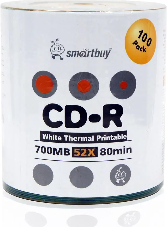 Main image of Smartbuy CD-R 52X 700MB 80Min White Thermal Hub Printable Blank Data Recordable Disc (100 Packs)