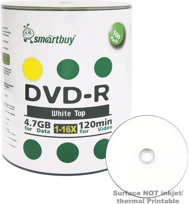 Main image of Smartbuy DVD-R 16X 4.7GB 120Min White Top Music Video Data Recordable Disc (100 Packs)