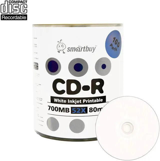 Main image of Smartbuy CD-R 52X 700MB 80Min White Inkjet Hub Printable Blank Data Recordable Disc (100 Packs)