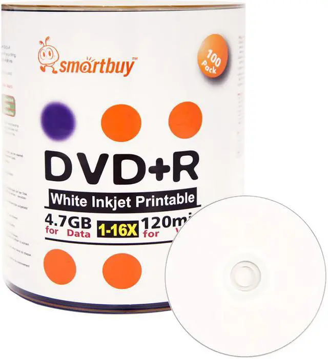 Main image of 100 Pack Smartbuy 16X DVD+R 4.7GB 120Min White Inkjet Hub Printable Blank Media Recordable Disc
