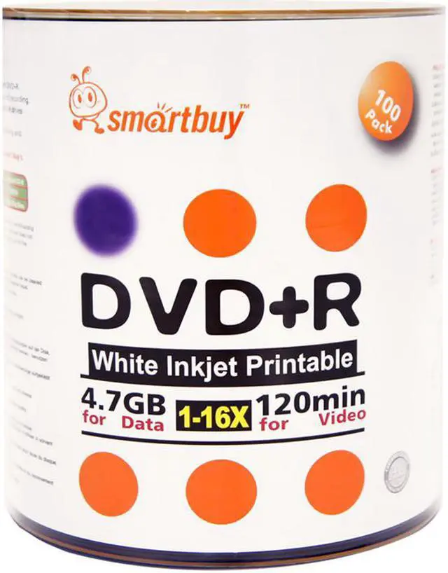 Alt view image 2 of 3 - 100 Pack Smartbuy 16X DVD+R 4.7GB 120Min White Inkjet Hub Printable Blank Media Recordable Disc