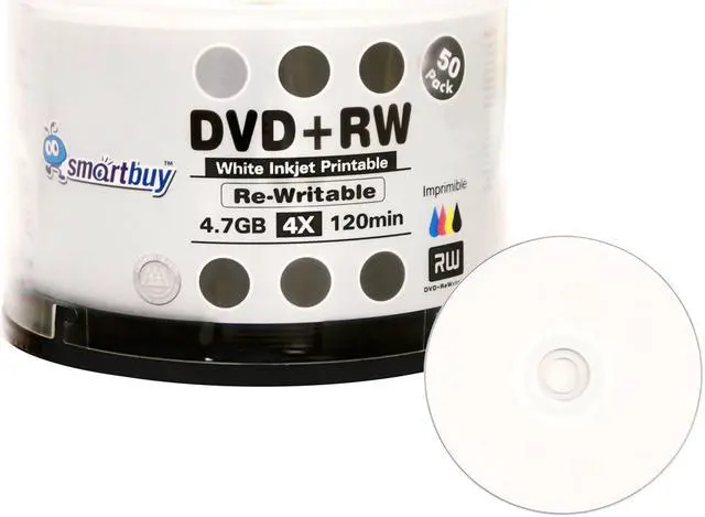 Main image of 50 Pack Smartbuy Blank DVD+RW 4x 4.7GB 120Min White Inkjet Hub Printable Rewritable DVD Media Disc