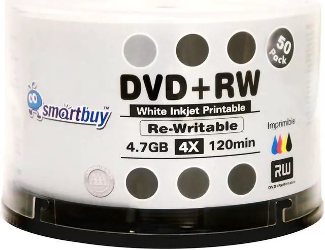 Alt view image 3 of 7 - 50 Pack Smartbuy Blank DVD+RW 4x 4.7GB 120Min White Inkjet Hub Printable Rewritable DVD Media Disc