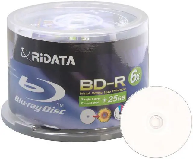 Main image of Ridata 6X BD-R BDR 25GB Single Layer Blue Blu-ray White Inkjet Hub Printable Recordable Blank Media Disc with Spindle Packing (50 Pack)