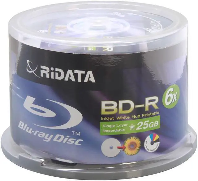 Alt view image 3 of 3 - Ridata 6X BD-R BDR 25GB Single Layer Blue Blu-ray White Inkjet Hub Printable Recordable Blank Media Disc with Spindle Packing (50 Pack)