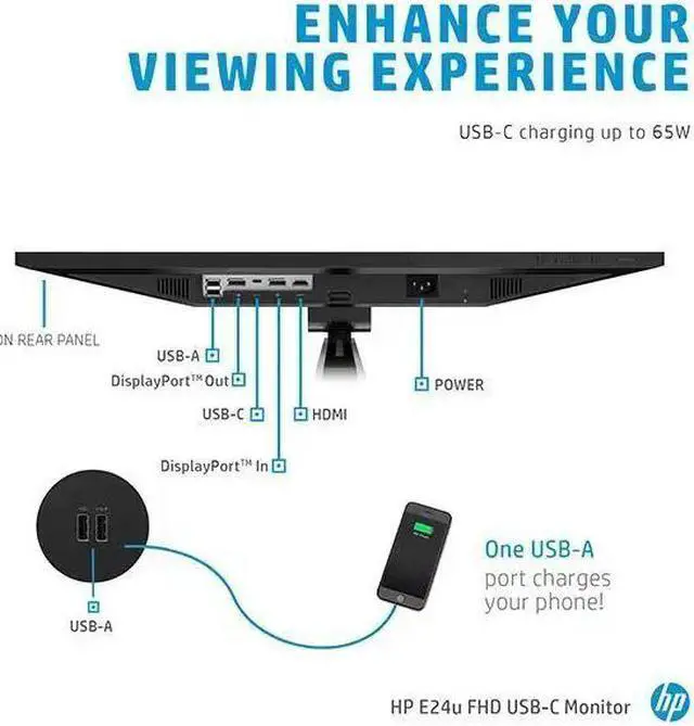Alt view image 7 of 7 - HP E24u G4 24" Full HD 1920 x 1080 USB Type-C IPS HDMI, DisplayPort Monitor Grade A
